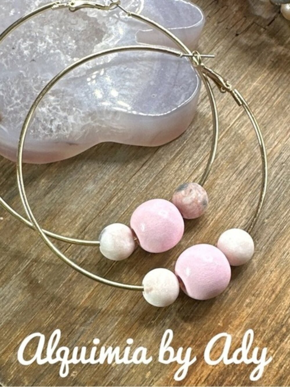 Gold Hoops with Pink and Cream rhodonite Beads